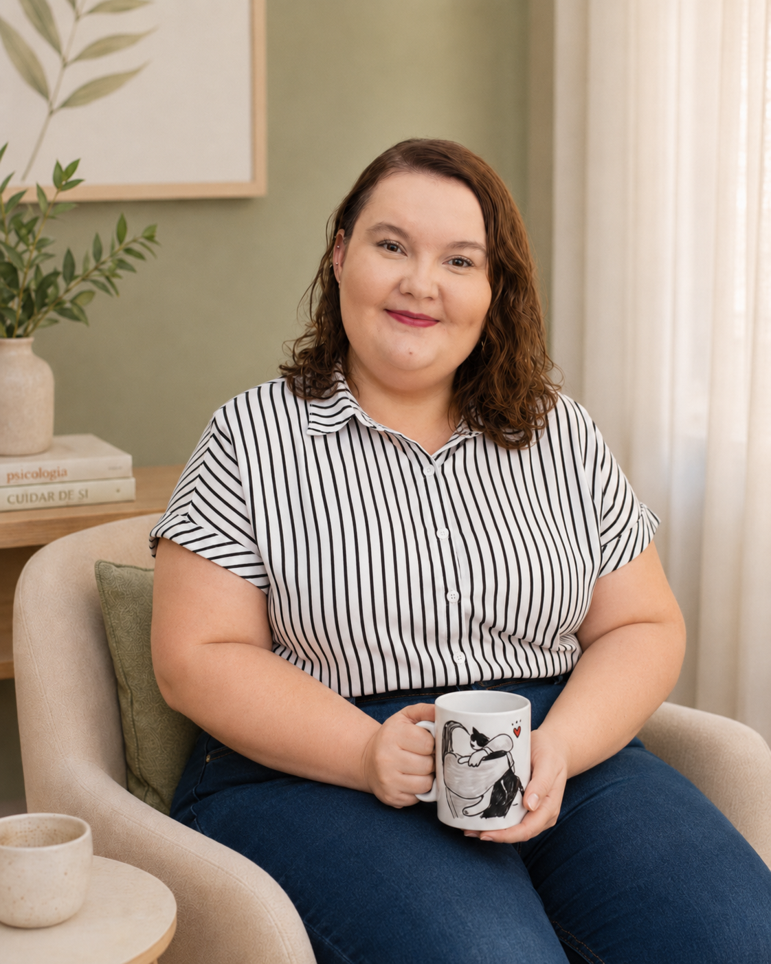 Dra. Maria Luiza sentada com uma caneca, em ambiente acolhedor